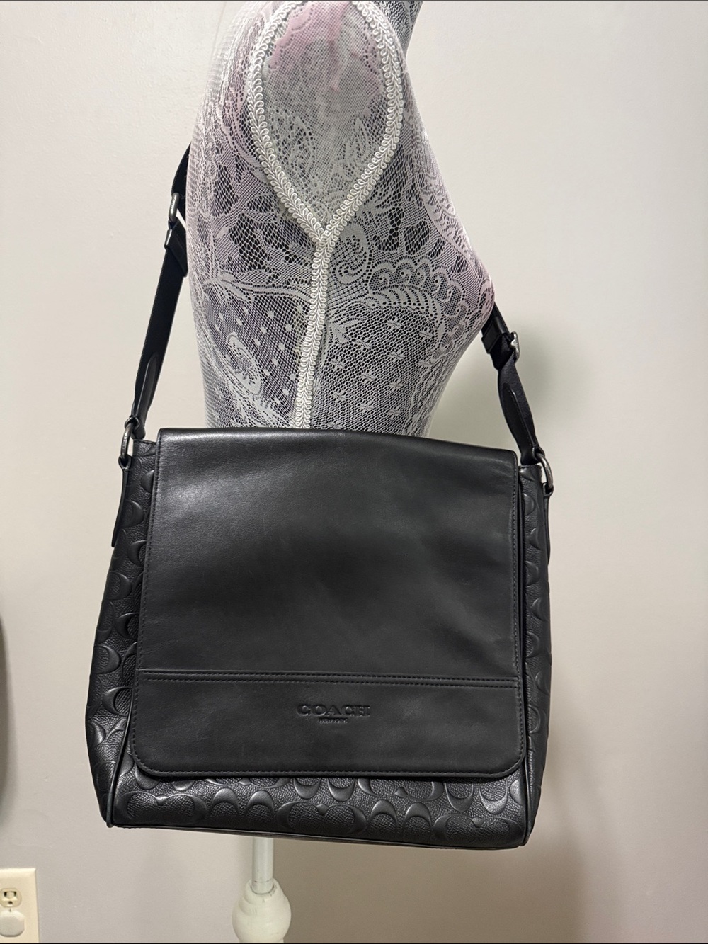Coach Black Leather Flap Messenger Bag